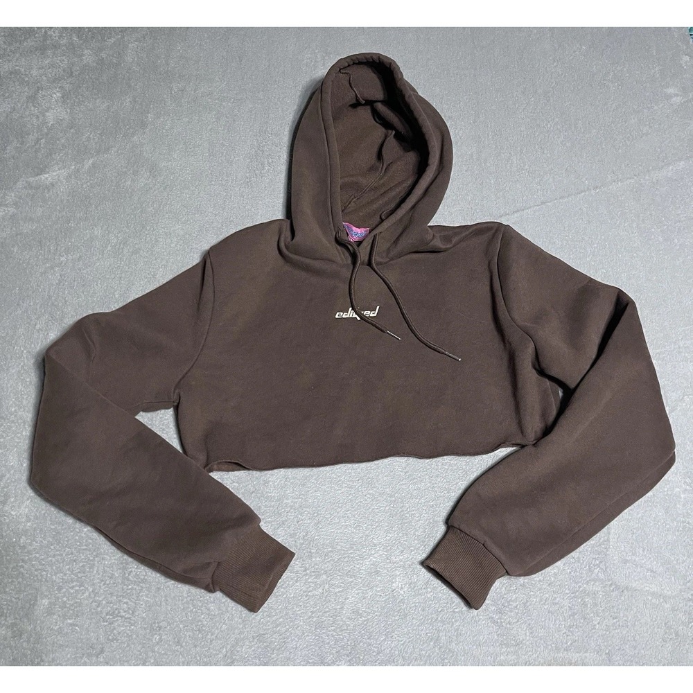 Edikted Hoodie Womens XS Brown‎ Cropped Logo Print Skater Pullover Streetwear